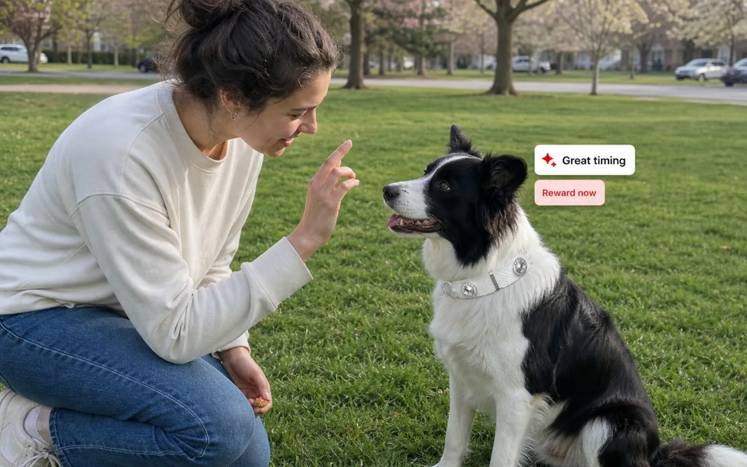 Owner training a Border Collie wearing a white PaaaWOW gemstone collar with AI coach cues