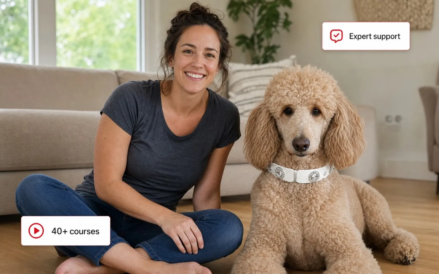 Owner and dog at home with PaaaWOW courses and expert support highlights
