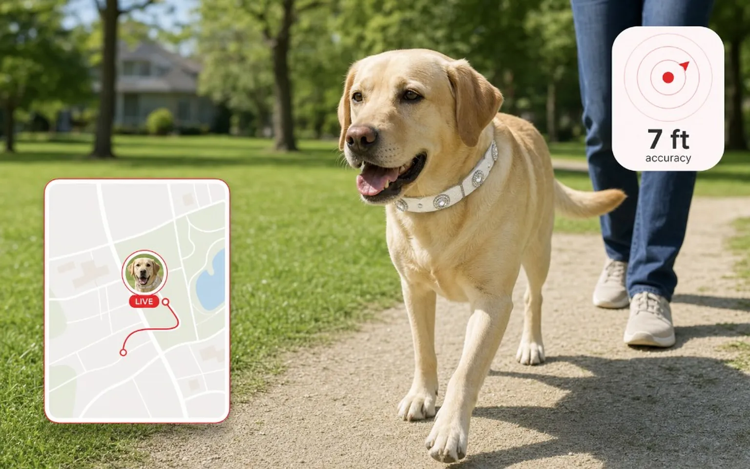 Dog wearing a white PaaaWOW gemstone collar walking outdoors with live GPS tracking