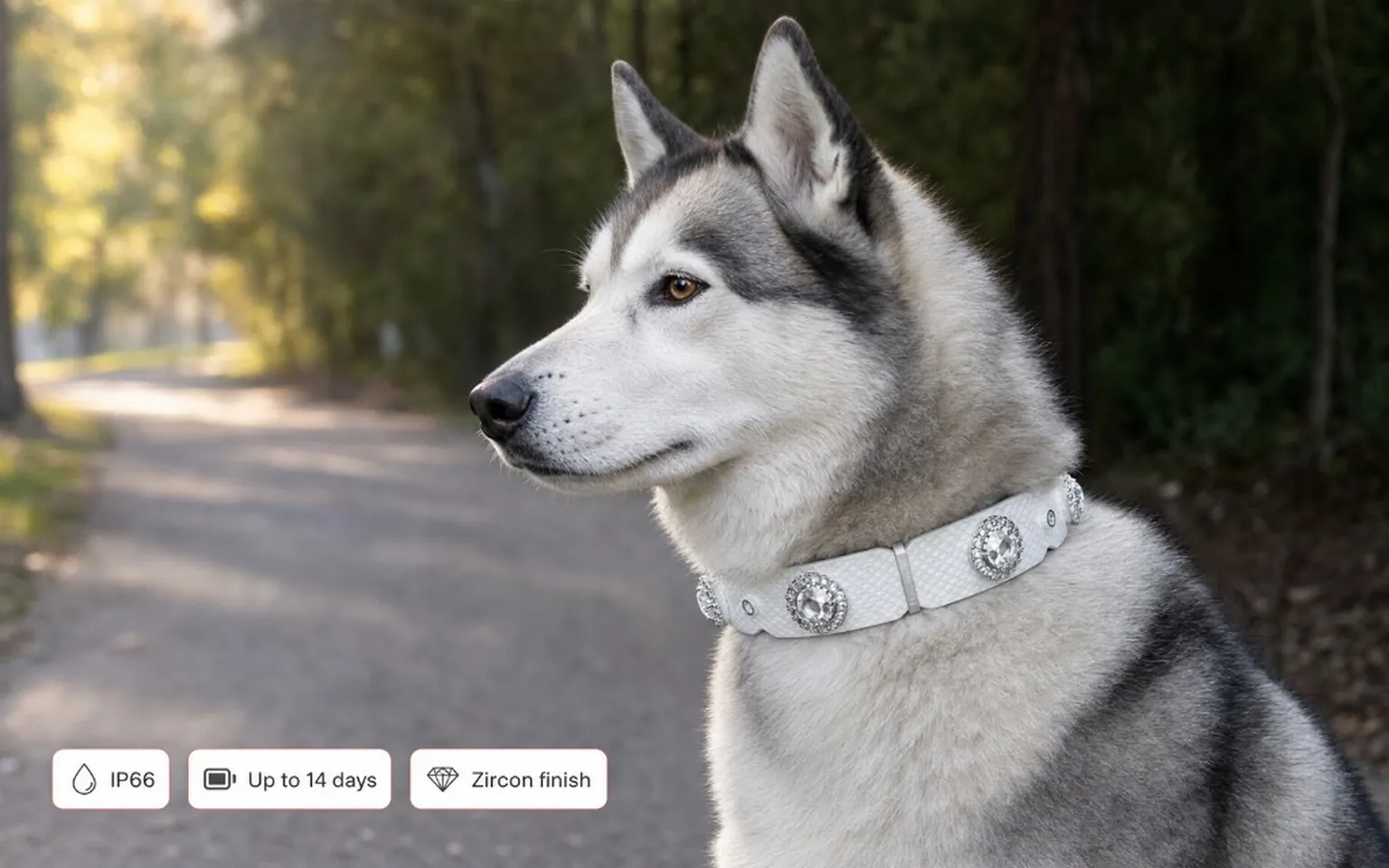 Husky wearing a white PaaaWOW gemstone collar with IP66, battery, and zircon finish highlights