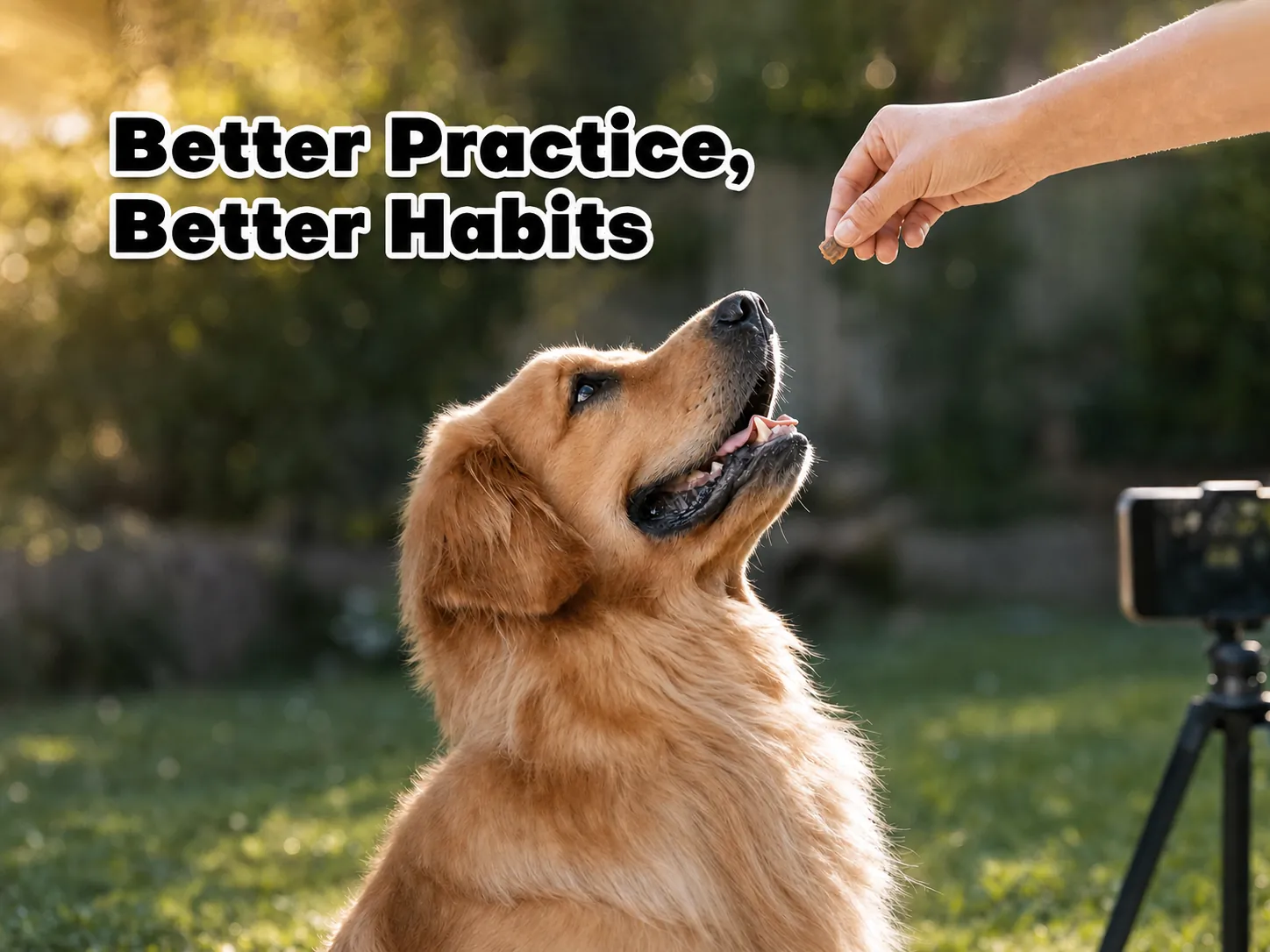 Golden Retriever training with a treat and a phone on a tripod — Better Practice, Better Habits