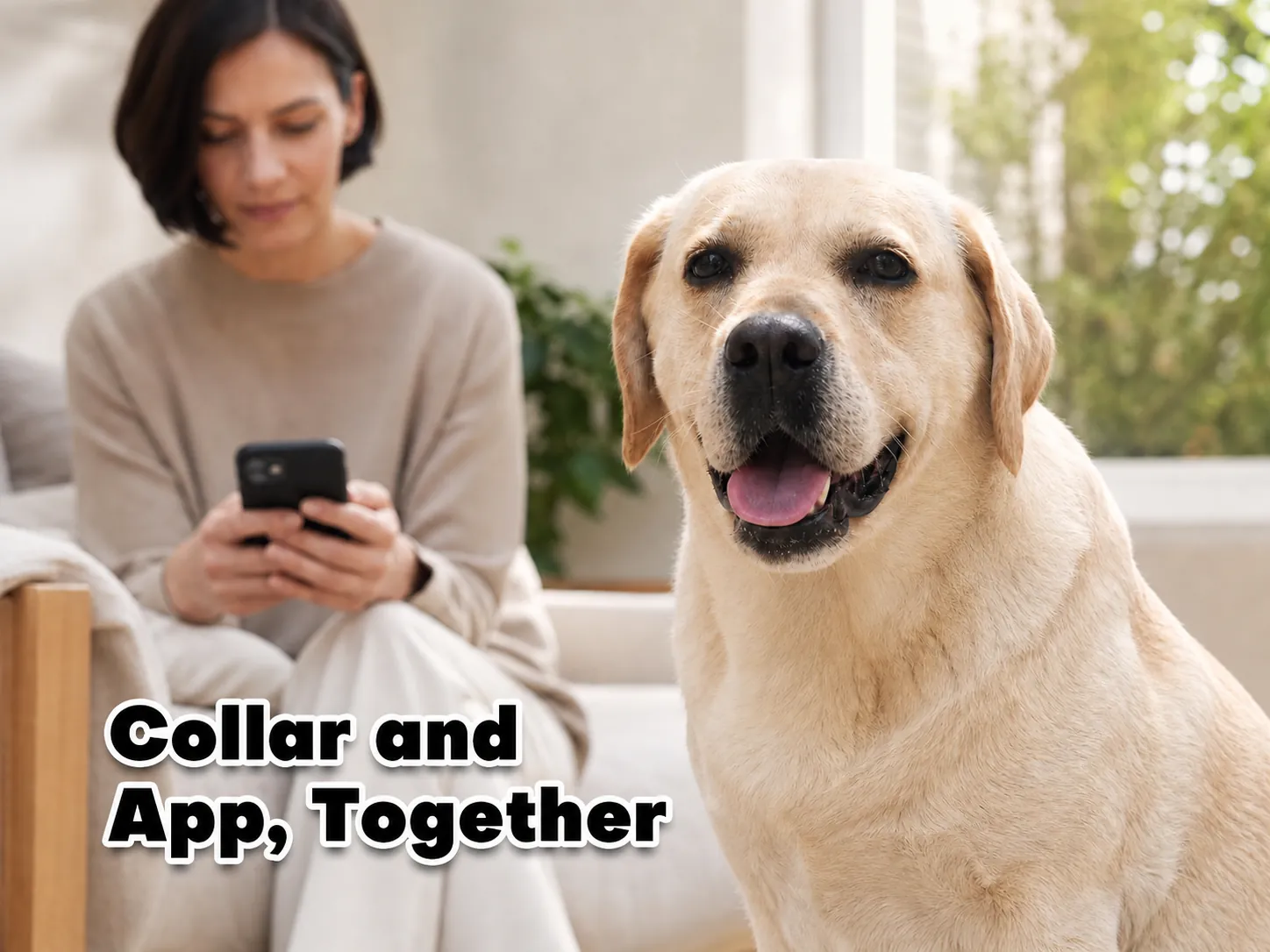 Labrador in the foreground while an owner uses a phone — Collar and App, Together