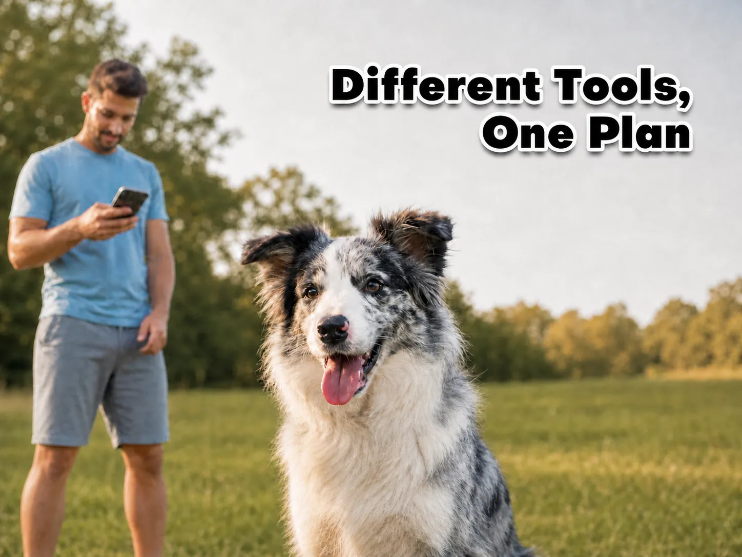 Owner checking a phone behind a merle dog — Different Tools, One Plan