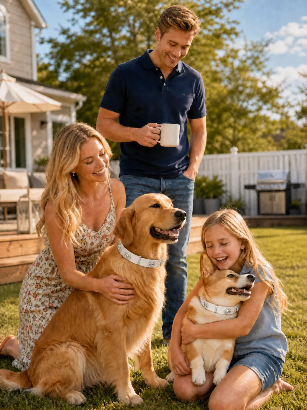 Happy family with two dogs wearing PaaaWOW smart collars in the backyard