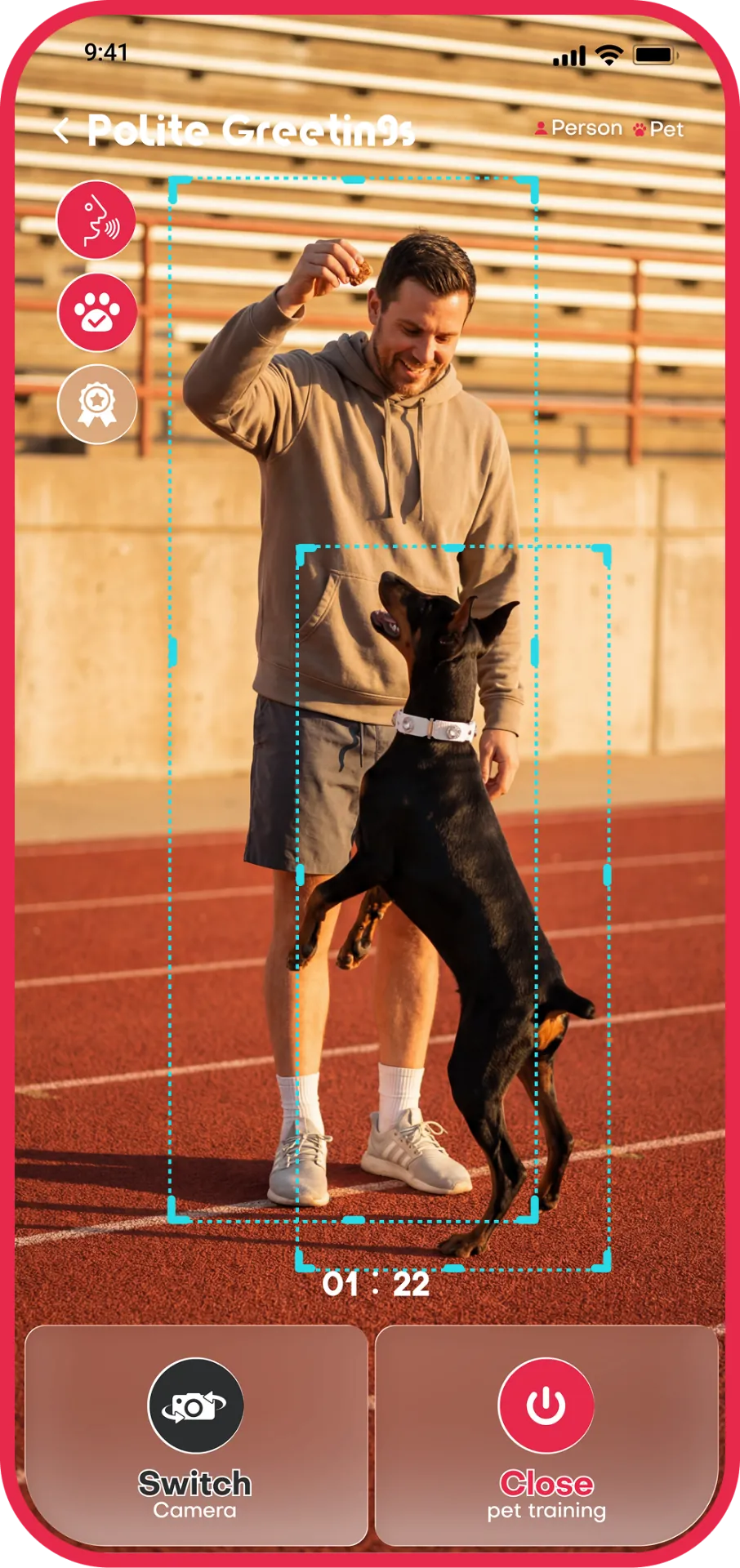 Person training dog third-person view