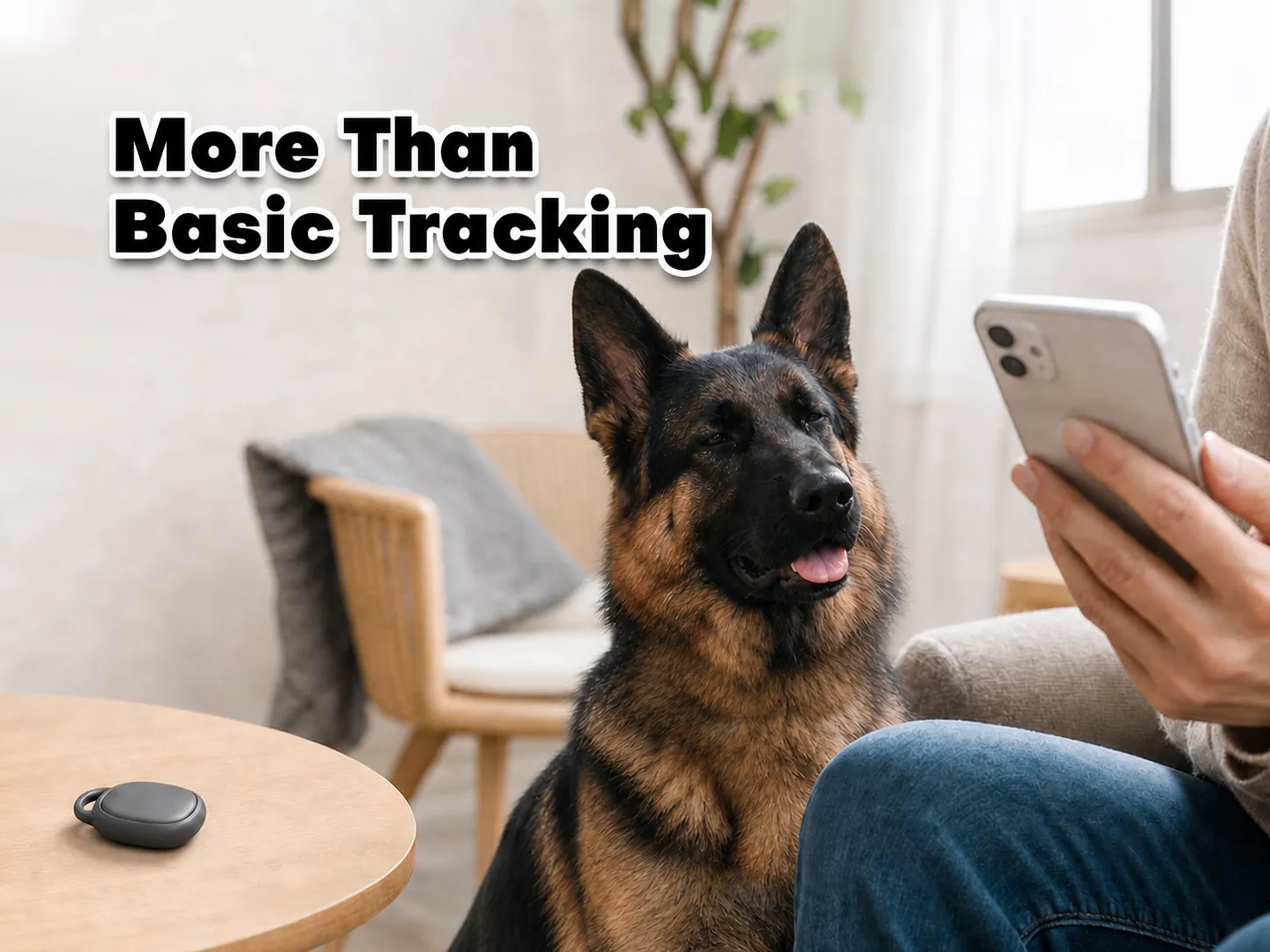 German Shepherd beside a basic tracker and a phone — More Than Basic Tracking