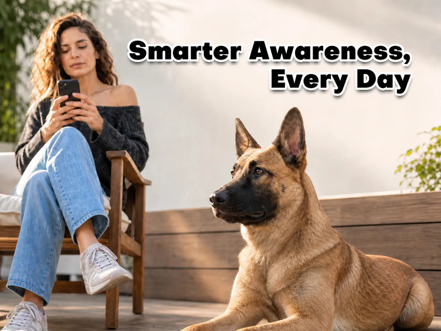 Owner checking a phone beside a dog on a deck — Smarter Awareness, Every Day
