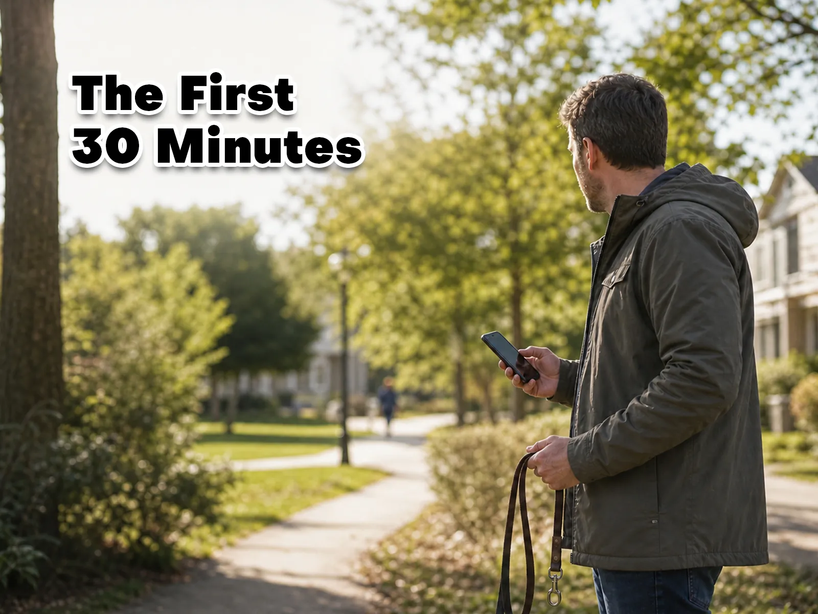 Person holding an empty leash and a phone — The First 30 Minutes
